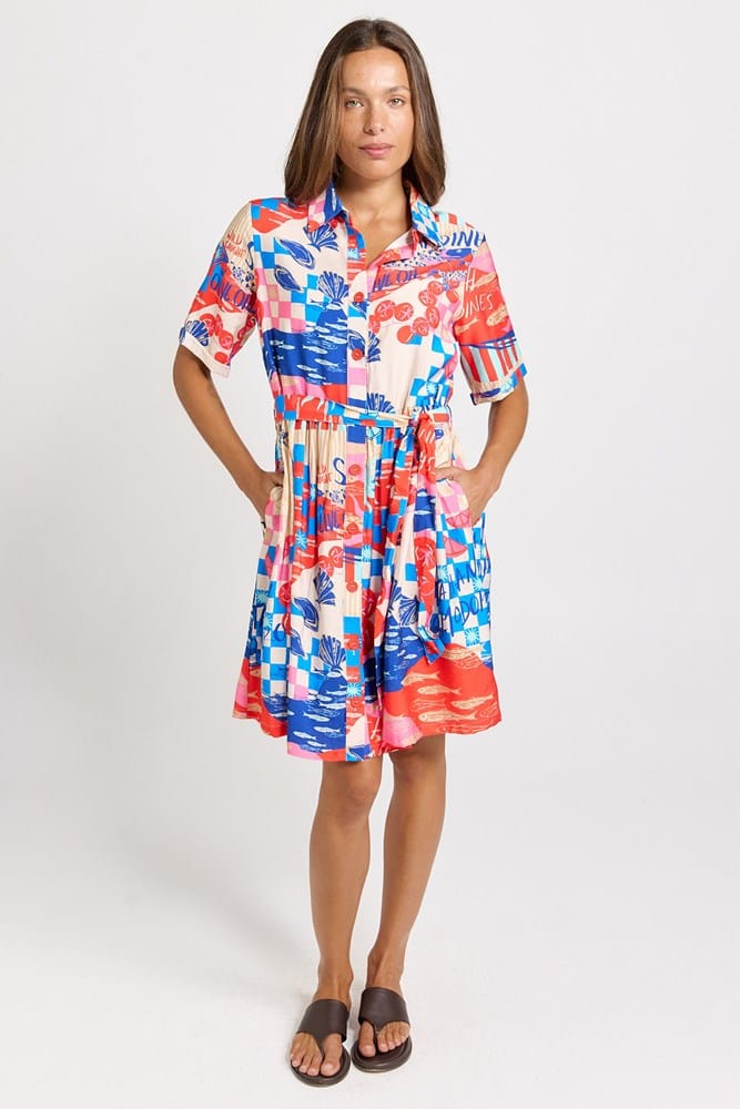 Load image into Gallery viewer, Betty Basics Womens Palm Linen Blend Shirt Dress - Mediterranean Print
