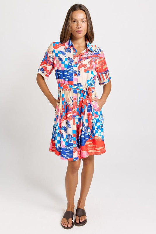 Betty Basics Womens Palm Linen Blend Shirt Dress - Mediterranean Print