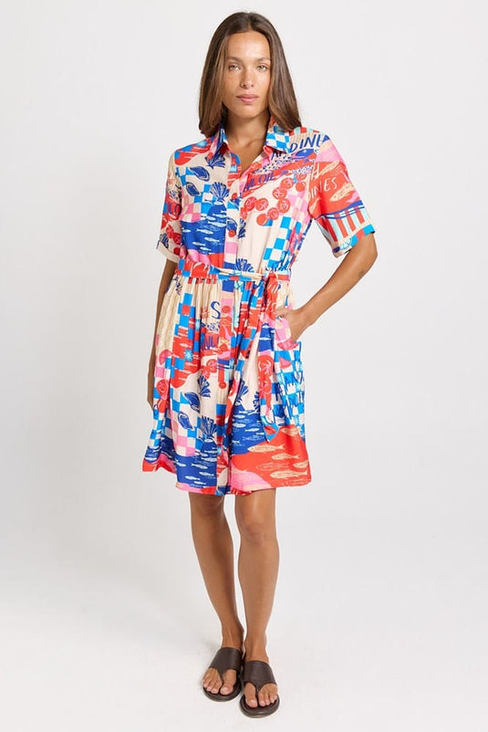 Betty Basics Womens Palm Linen Blend Shirt Dress - Mediterranean Print