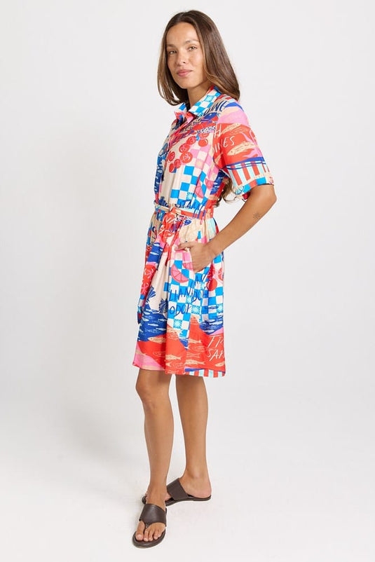 Betty Basics Womens Palm Linen Blend Shirt Dress - Mediterranean Print