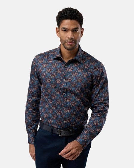 Brooksfield Mens Luxe Print Slim Fit Business Shirt - Brown
