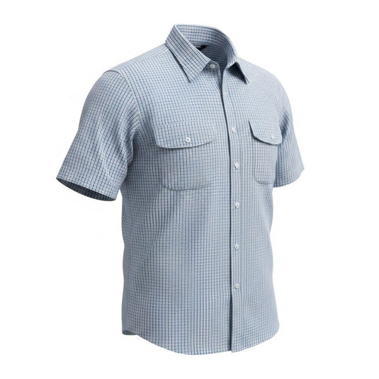 Mens Bisley Short Sleeve Seersucker Micro Check - Light Blue