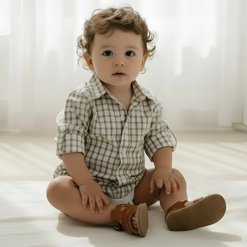 Load image into Gallery viewer, Love Henry Baby Boys Oxford Dress Shirt Romper - Tan Check
