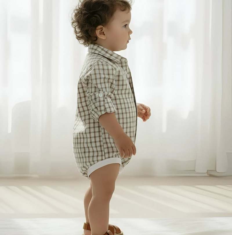 Load image into Gallery viewer, Love Henry Baby Boys Oxford Dress Shirt Romper - Tan Check

