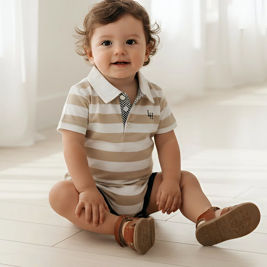 Love Henry Baby Boys Rugby Polo Romper - Beige Stripe