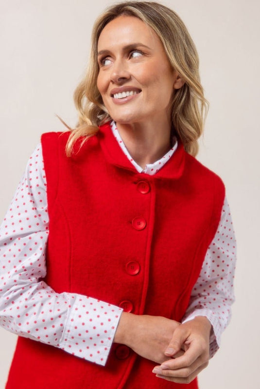 See Saw Womens 100% Boiled Wool High Collar Vest - Red