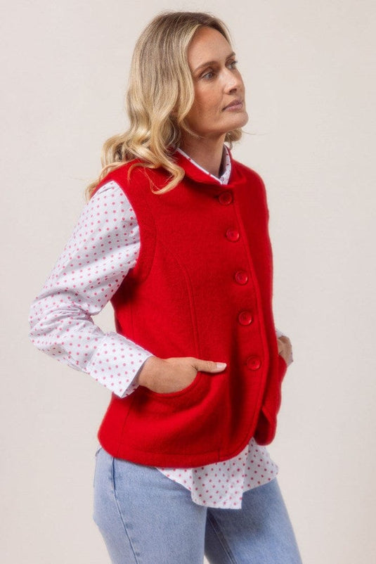 See Saw Womens 100% Boiled Wool High Collar Vest - Red