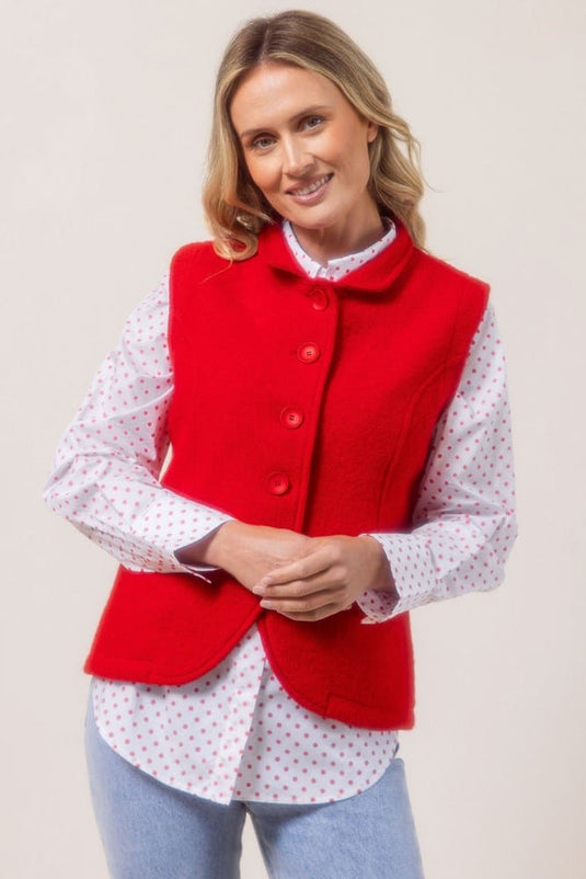See Saw Womens 100% Boiled Wool High Collar Vest - Red