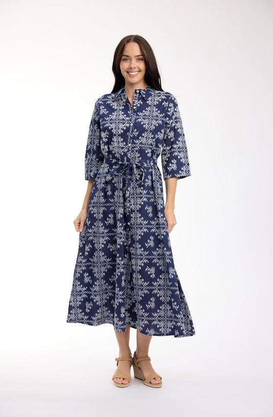 Orientique Womens Broderie Print Dress Collar Long