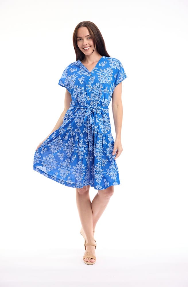 Load image into Gallery viewer, Orientique Womens Broderie Print Dress V Neck Buttonthrough Short
