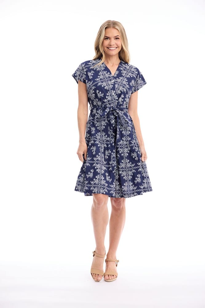Load image into Gallery viewer, Orientique Womens Broderie Print Dress V Neck Buttonthrough Short
