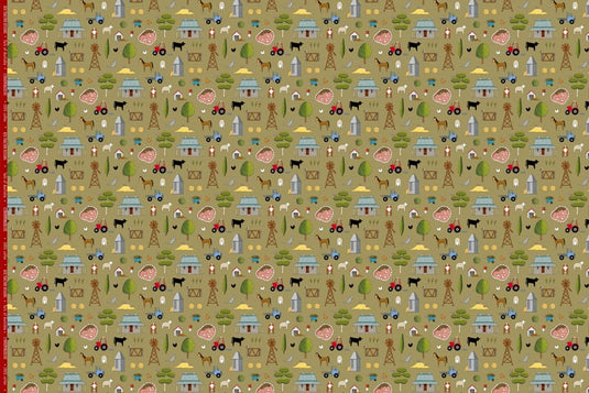 Red Tractor Designs "Homing Instincts on Olive" Cotton Fabric
