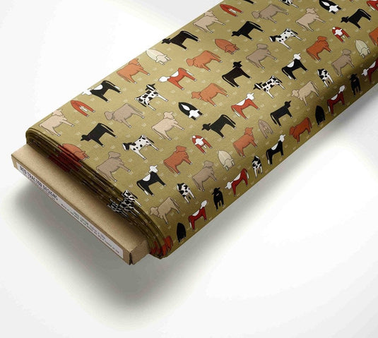 Red Tractor Designs "Mixed Cows on Olive" Cotton Fabric