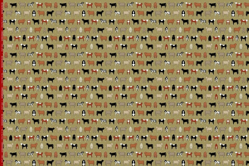 Load image into Gallery viewer, Red Tractor Designs &quot;Mixed Cows on Olive&quot; Cotton Fabric
