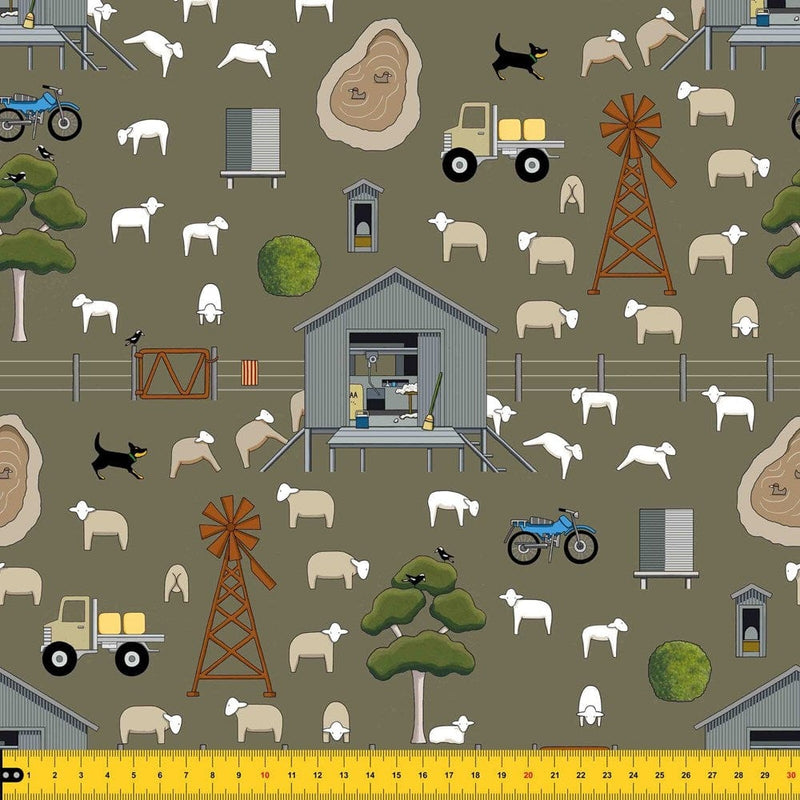 Load image into Gallery viewer, Red Tractor Designs &quot;Shearing Time on Chocolate&quot; Cotton Fabric
