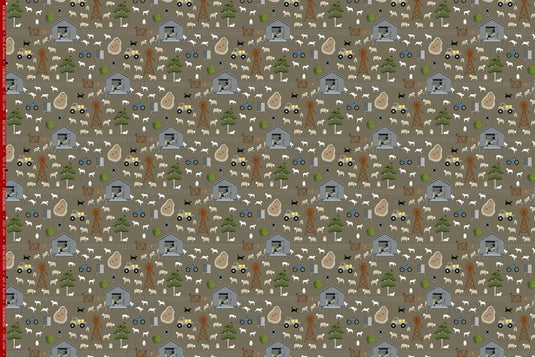 Red Tractor Designs "Shearing Time on Chocolate" Cotton Fabric