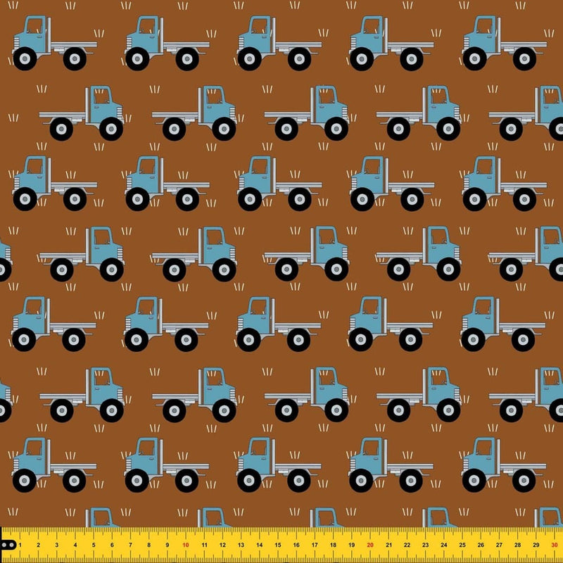 Load image into Gallery viewer, Red Tractor Designs &quot;Trucks on Rust&quot; Cotton Fabric
