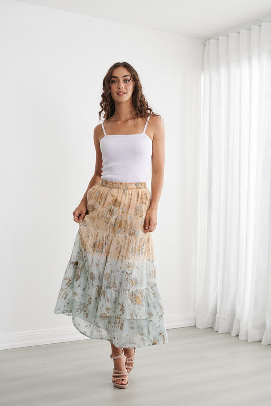 Caju Womens Floral Foil Print Tiered Skirt