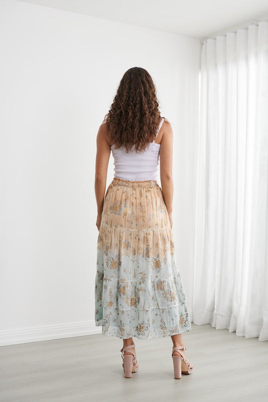 Caju Womens Floral Foil Print Tiered Skirt