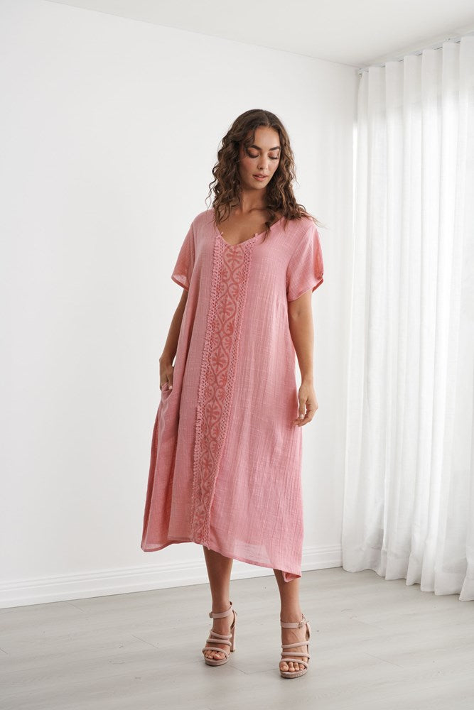 Load image into Gallery viewer, Caju Womens Block Print Dress with Fringe Trims - Guava
