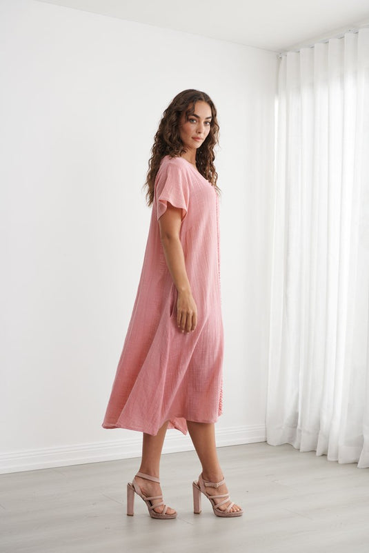 Caju Womens Block Print Dress with Fringe Trims - Guava