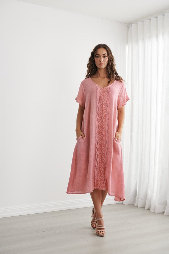 Load image into Gallery viewer, Caju Womens Block Print Dress with Fringe Trims - Guava
