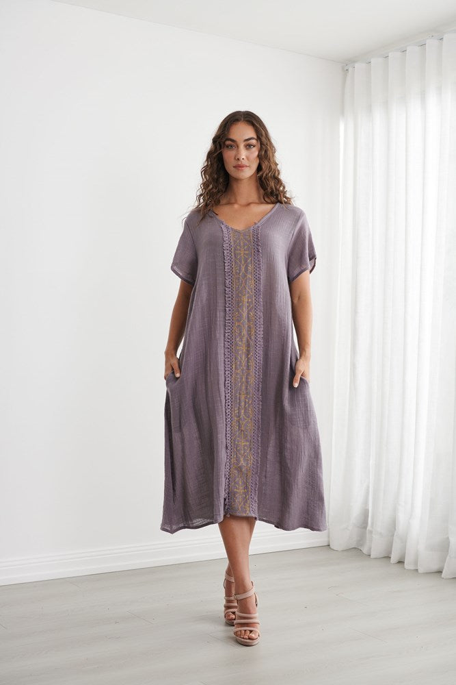Load image into Gallery viewer, Caju Womens Block Print Dress with Fringe Trims - Lavender
