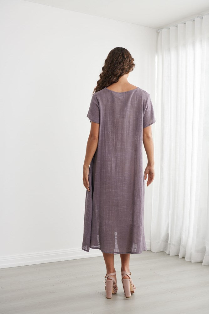 Load image into Gallery viewer, Caju Womens Block Print Dress with Fringe Trims - Lavender
