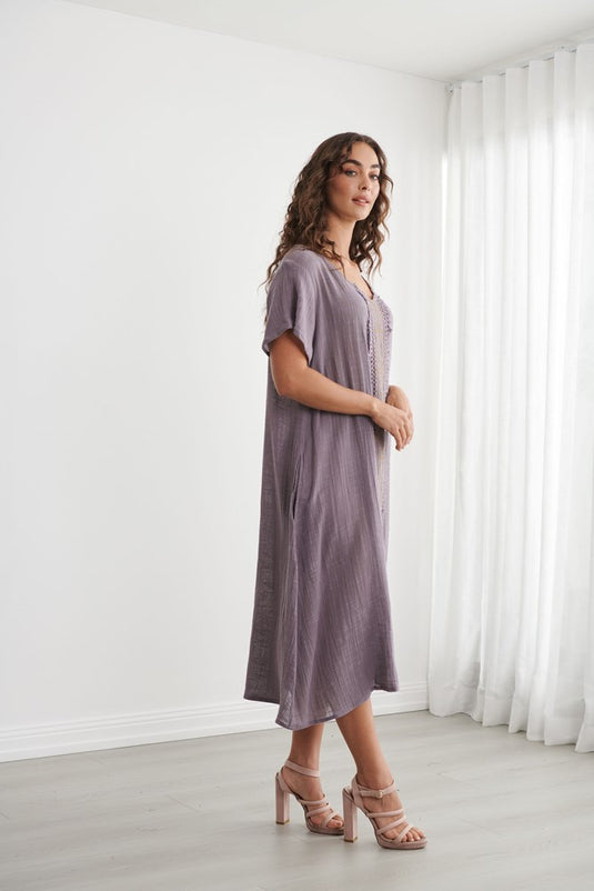 Caju Womens Block Print Dress with Fringe Trims - Lavender