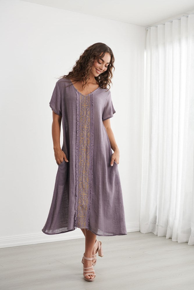 Load image into Gallery viewer, Caju Womens Block Print Dress with Fringe Trims - Lavender
