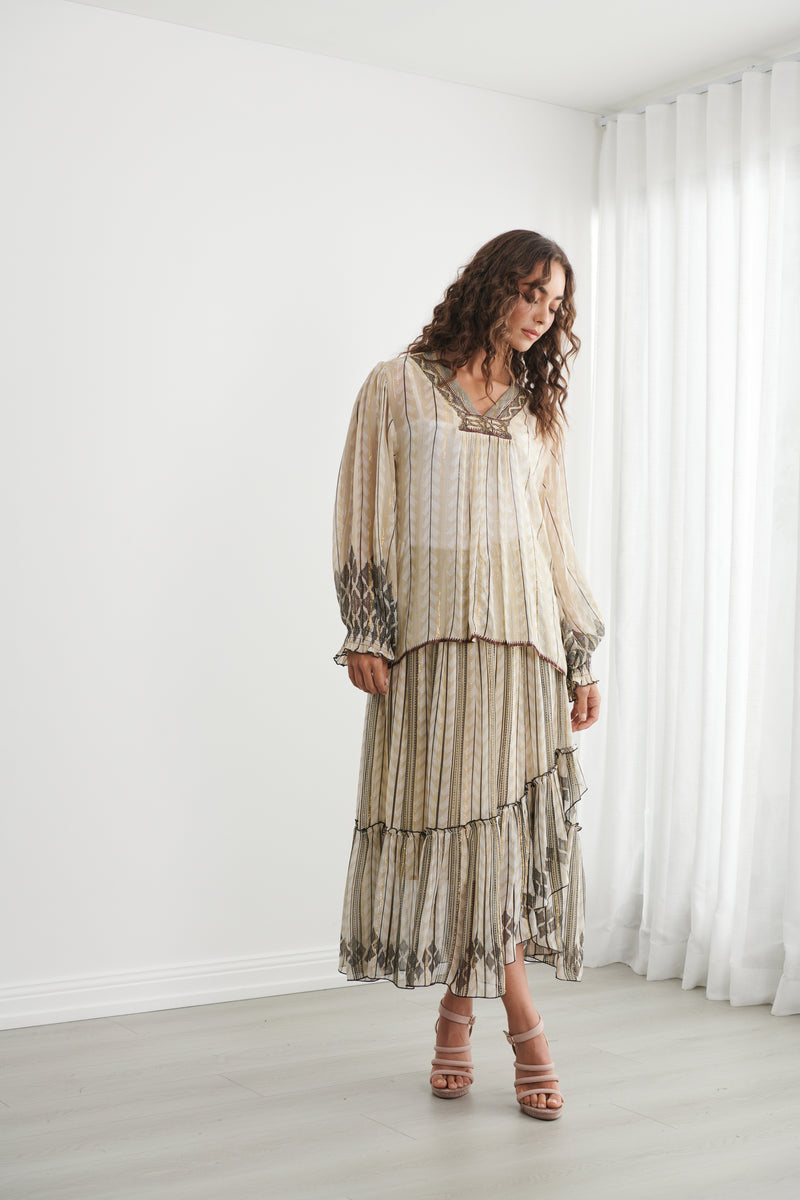 Load image into Gallery viewer, Caju Womens Moroccan Lurex Blouse With Shirred Cuffs
