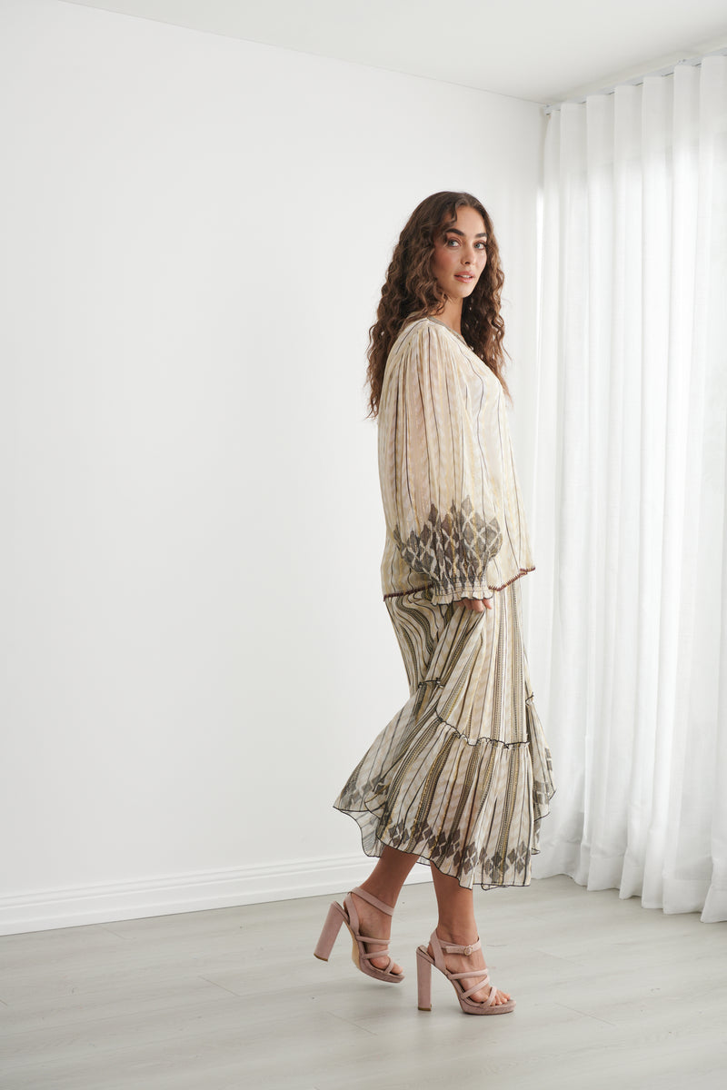 Load image into Gallery viewer, Caju Womens Moroccan Lurex Blouse With Shirred Cuffs
