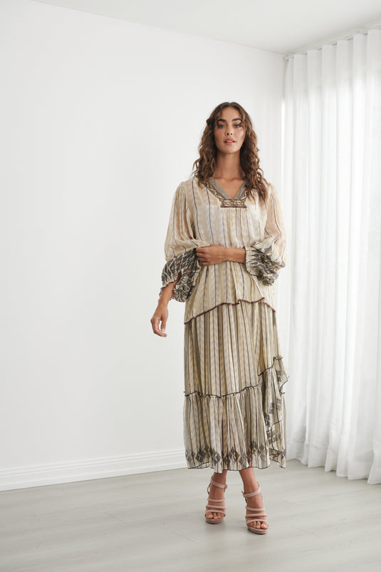 Caju Womens Moroccan Lurex Blouse With Shirred Cuffs