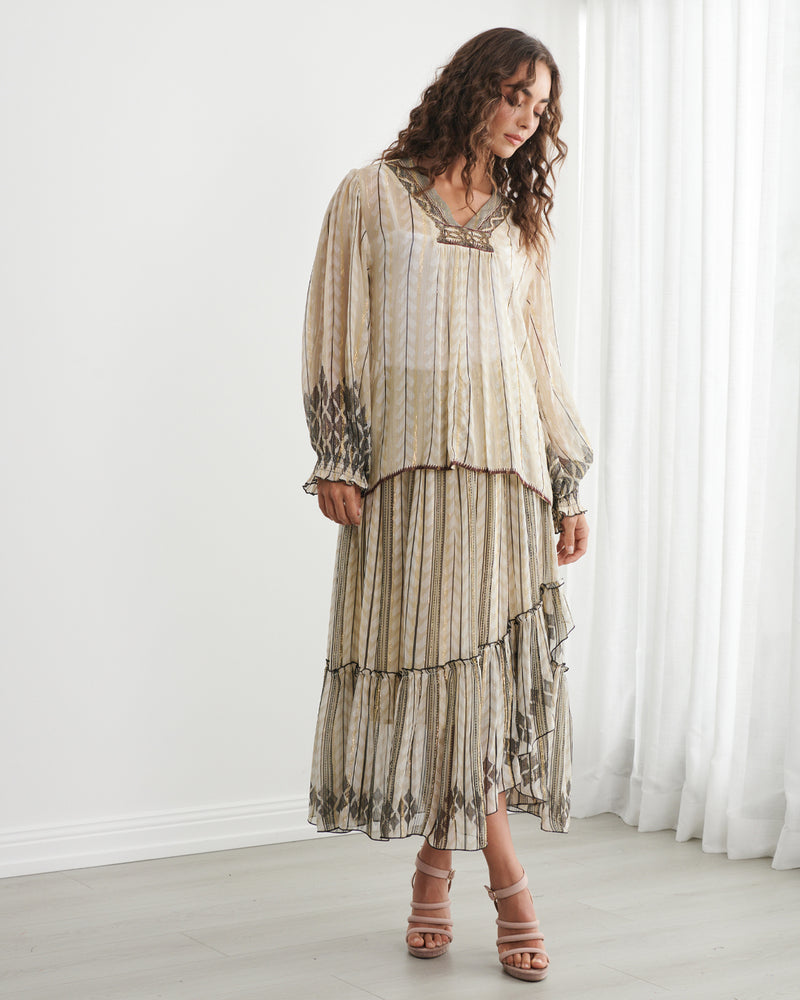 Load image into Gallery viewer, Caju Womens Moroccan Lurex Blouse With Shirred Cuffs
