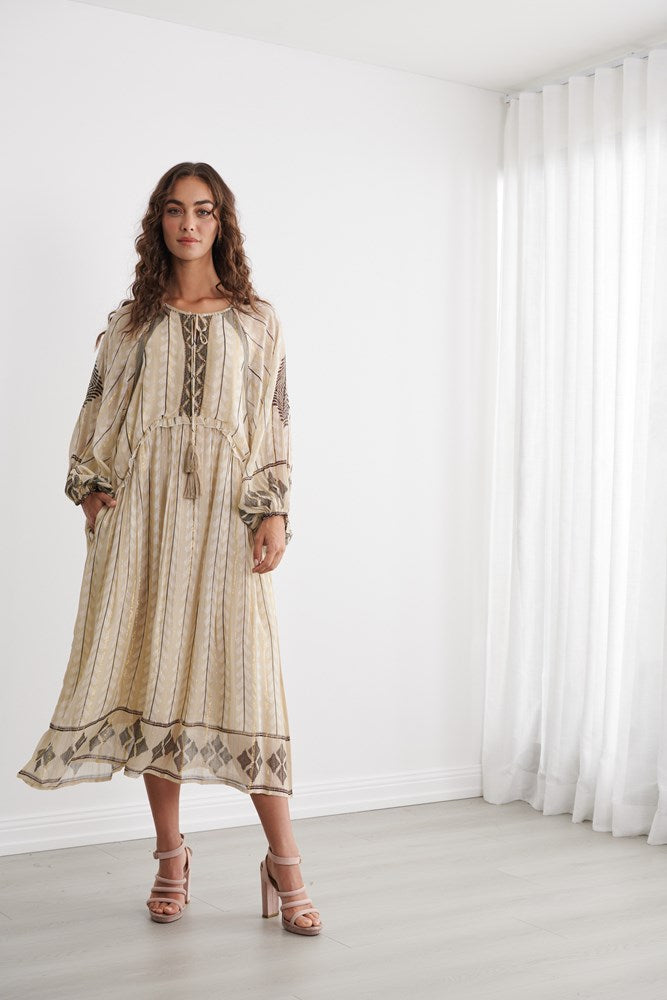 Load image into Gallery viewer, Caju Womens Moroccan Lurex Dress With Neckline Tassle Tie
