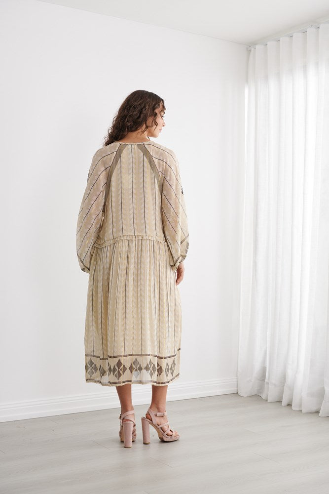 Load image into Gallery viewer, Caju Womens Moroccan Lurex Dress With Neckline Tassle Tie
