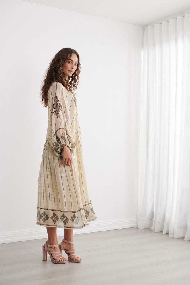 Load image into Gallery viewer, Caju Womens Moroccan Lurex Dress With Neckline Tassle Tie
