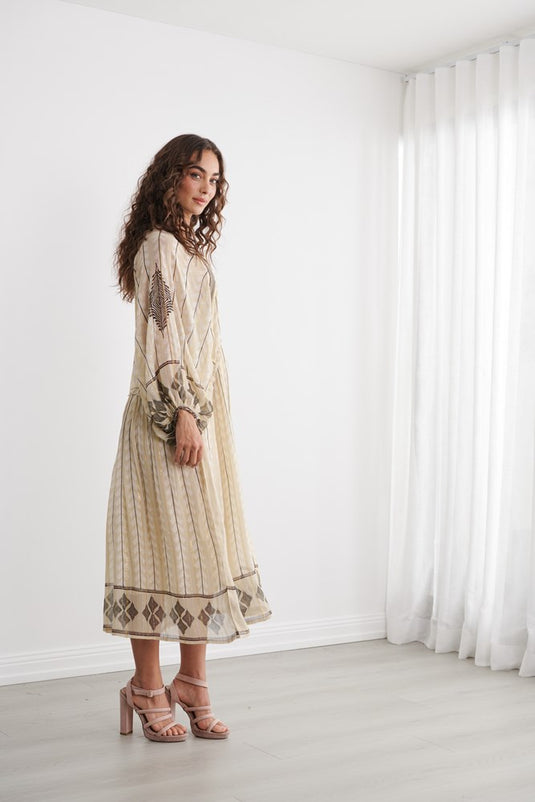 Caju Womens Moroccan Lurex Dress With Neckline Tassle Tie