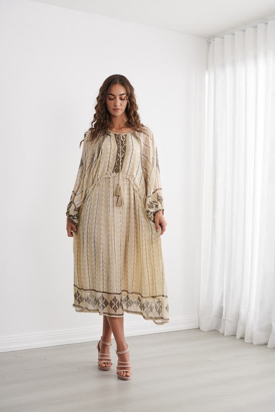 Caju Womens Moroccan Lurex Dress With Neckline Tassle Tie