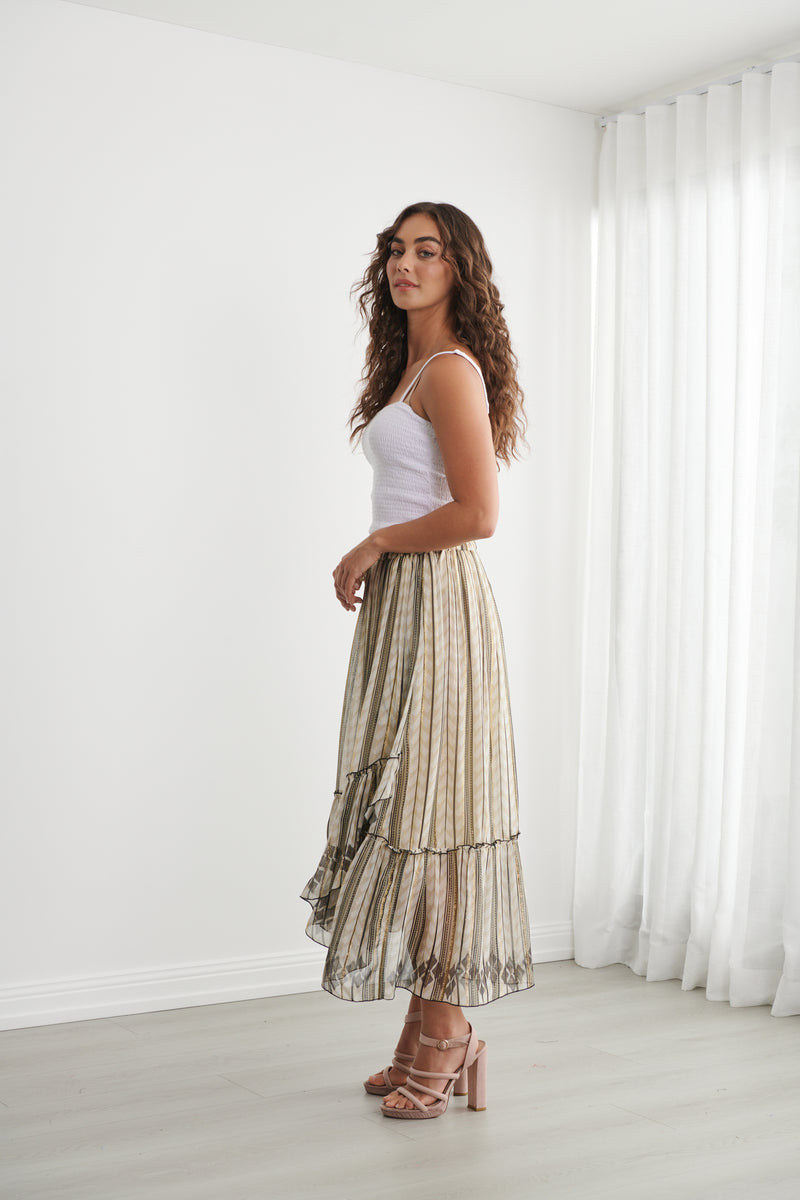 Load image into Gallery viewer, Caju Womens Moroccan Lurex Skirt with Flutter Hem
