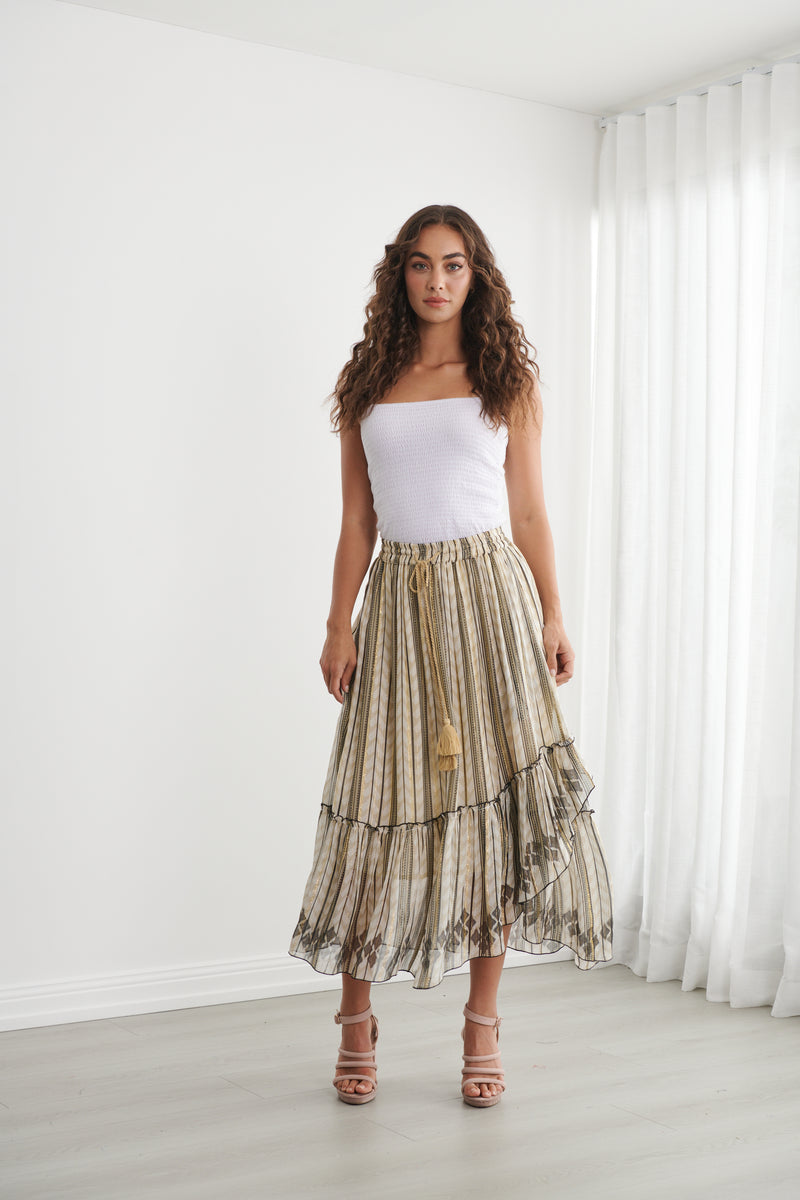 Load image into Gallery viewer, Caju Womens Moroccan Lurex Skirt with Flutter Hem
