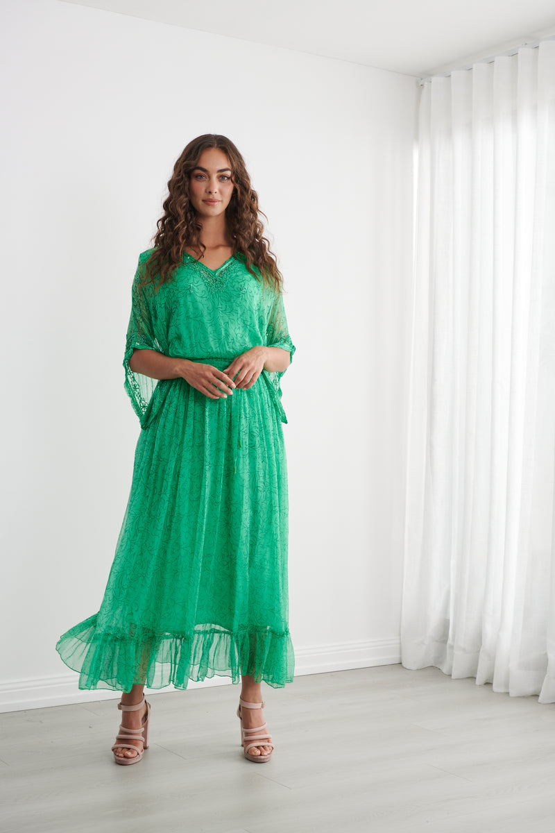 Load image into Gallery viewer, Caju Womens Sheer Vine Print Dress w/ Floaty Sleeve - Emerald

