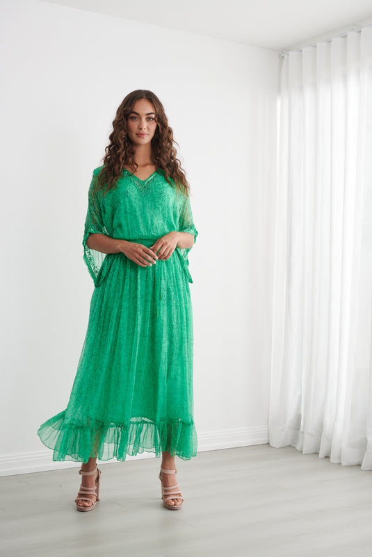 Caju Womens Sheer Vine Print Dress w/ Floaty Sleeve - Emerald