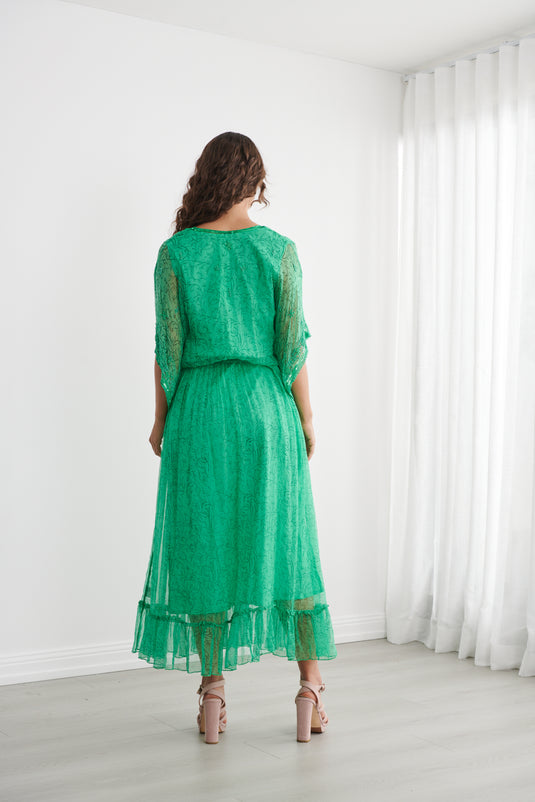Caju Womens Sheer Vine Print Dress w/ Floaty Sleeve - Emerald