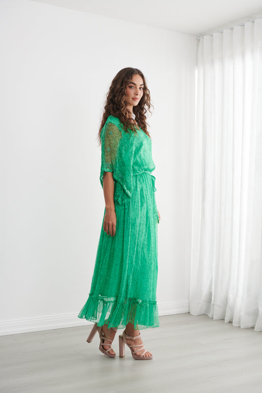 Caju Womens Sheer Vine Print Dress w/ Floaty Sleeve - Emerald