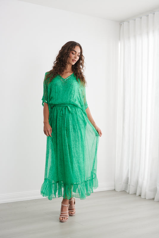 Caju Womens Sheer Vine Print Dress w/ Floaty Sleeve - Emerald