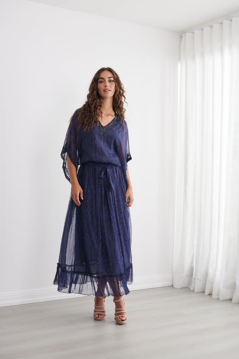 Load image into Gallery viewer, Caju Womens Sheer Vine Print Dress w/ Floaty Sleeve - Midnight
