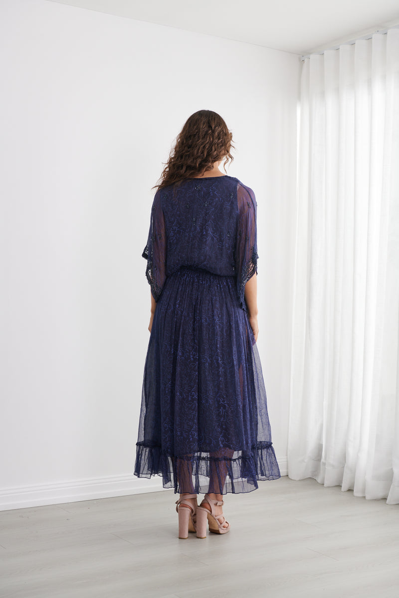Load image into Gallery viewer, Caju Womens Sheer Vine Print Dress w/ Floaty Sleeve - Midnight
