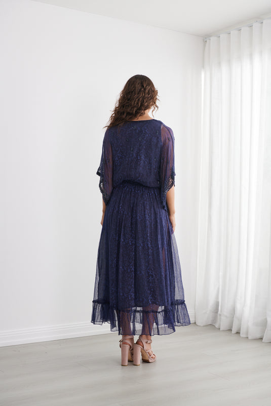 Caju Womens Sheer Vine Print Dress w/ Floaty Sleeve - Midnight