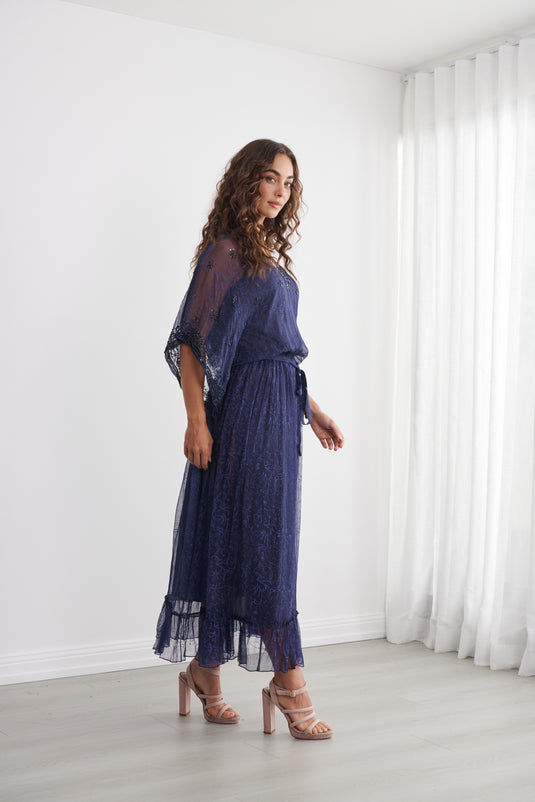 Caju Womens Sheer Vine Print Dress w/ Floaty Sleeve - Midnight